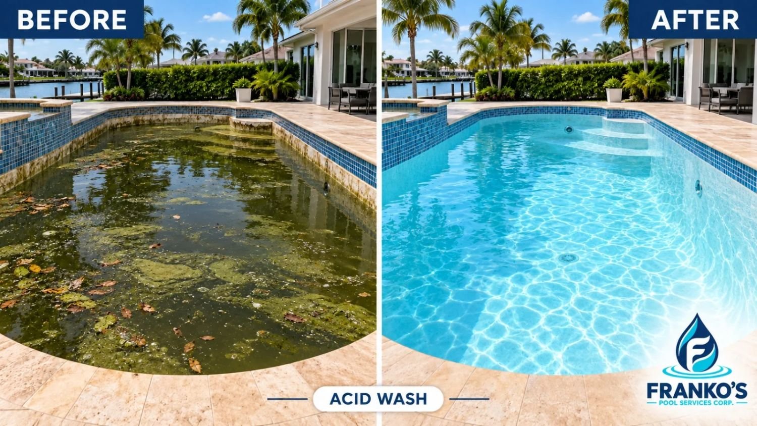 Antes y después de un acid wash de piscina realizado por Franko’s