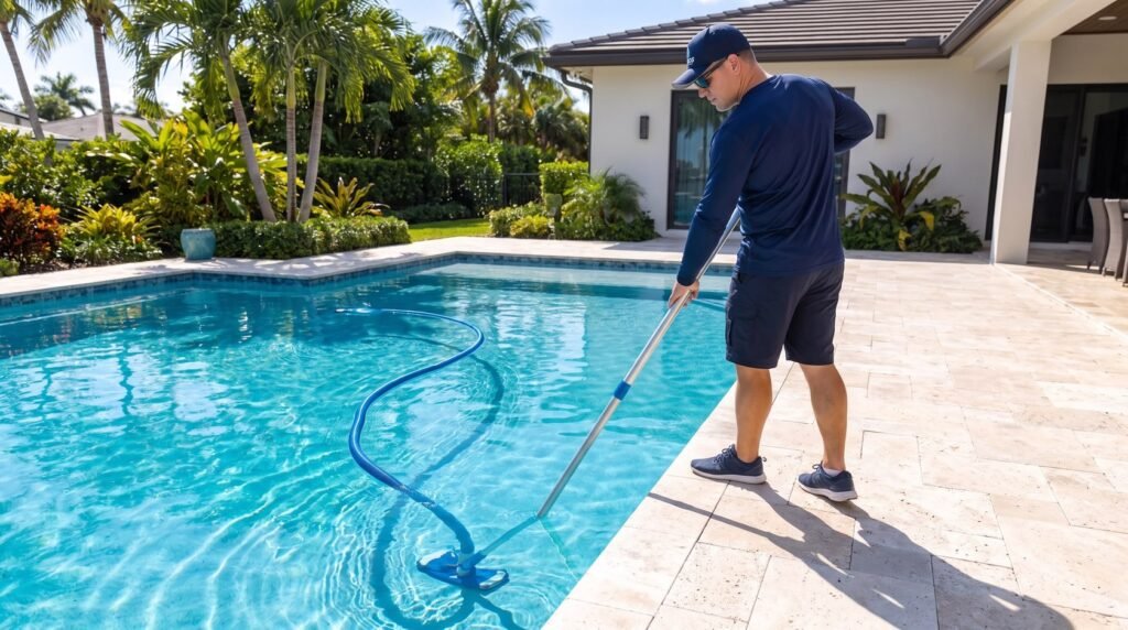 Técnico de Franko’s Pool Services aspirando el fondo de la piscina con cabezal y manguera