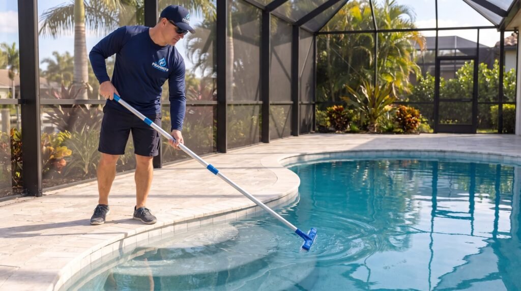 Técnico de Franko’s Pool Services cepillando las paredes y los escalones de la piscina con un cepillo telescópico