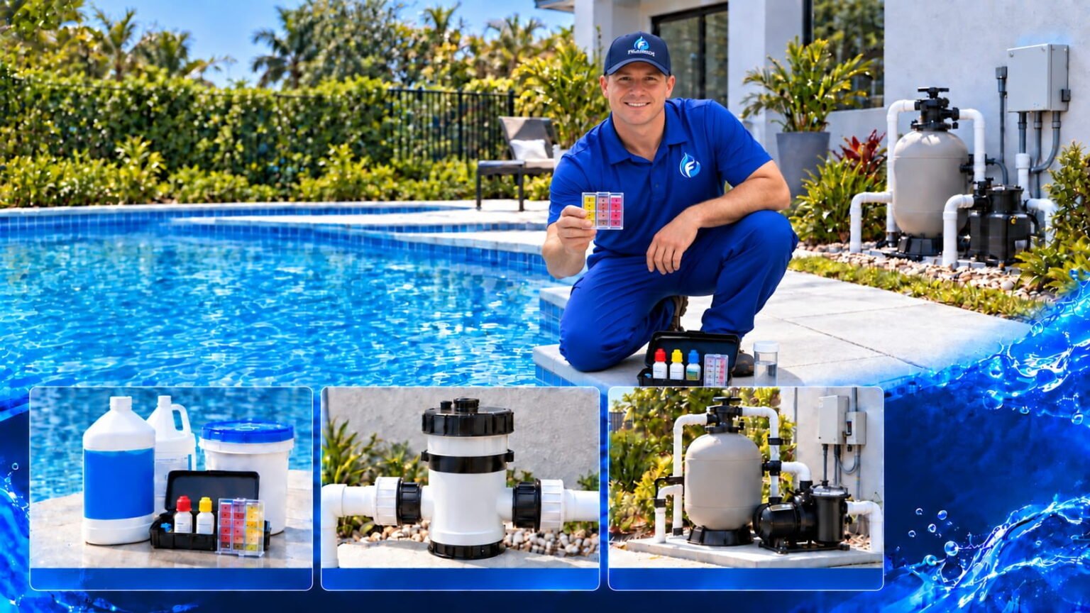 Técnico de Franko’s Pool Services mostrando una tira de prueba junto a una piscina residencial; abajo, productos químicos con kit de análisis, un clorador en línea y un filtro de arena con bomba.