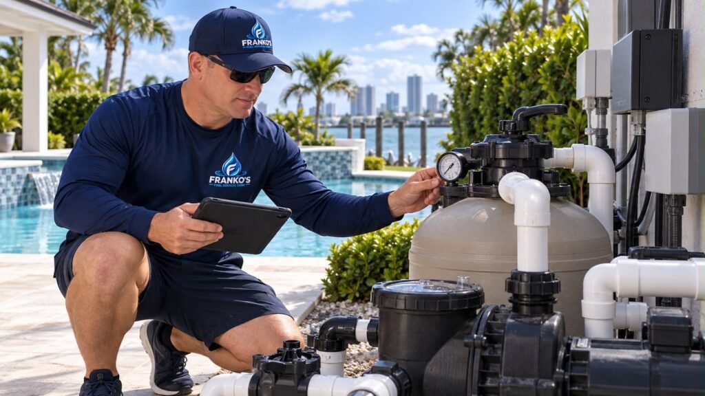 Técnico de Franko’s Pool Services revisando el manómetro del filtro con una tableta en la mano