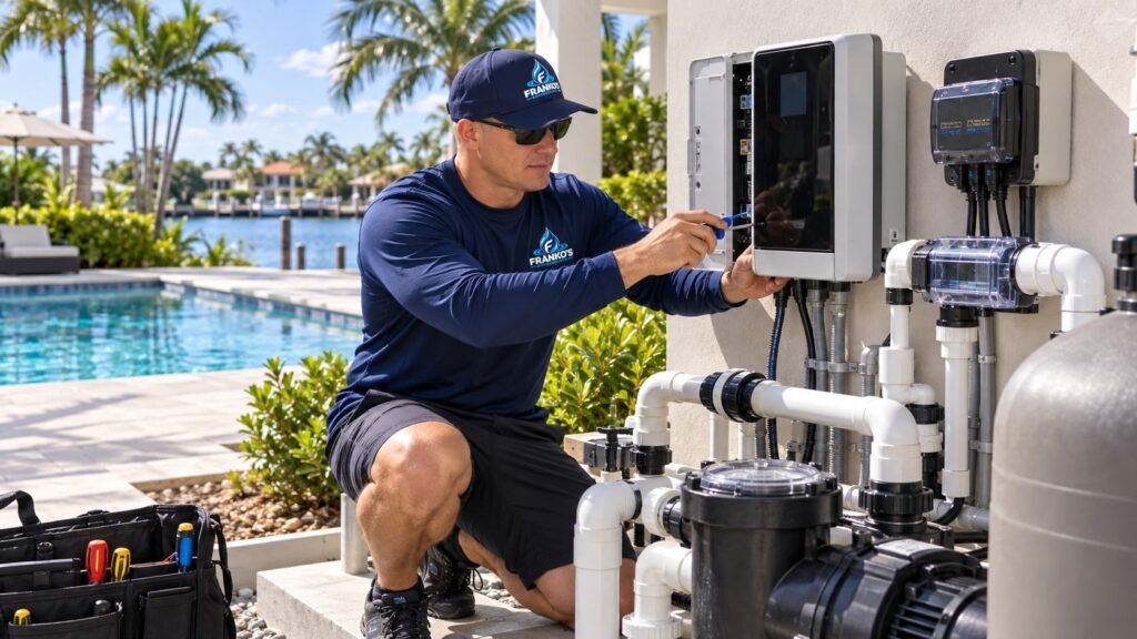 Técnico de Franko’s Pool Services conectando el panel de control del equipo de la piscina con un destornillador