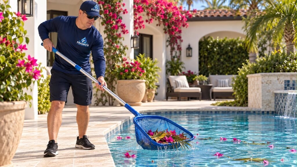 Técnico de Franko’s Pool Services recogiendo flores y hojas de la piscina de una vivienda con red de mano
