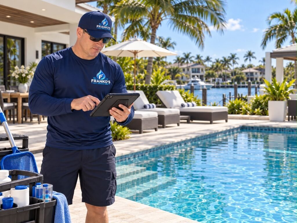 Técnico de Franko’s Pool Services anotando el servicio en una tableta junto al carro de productos y la red, al borde de la piscina