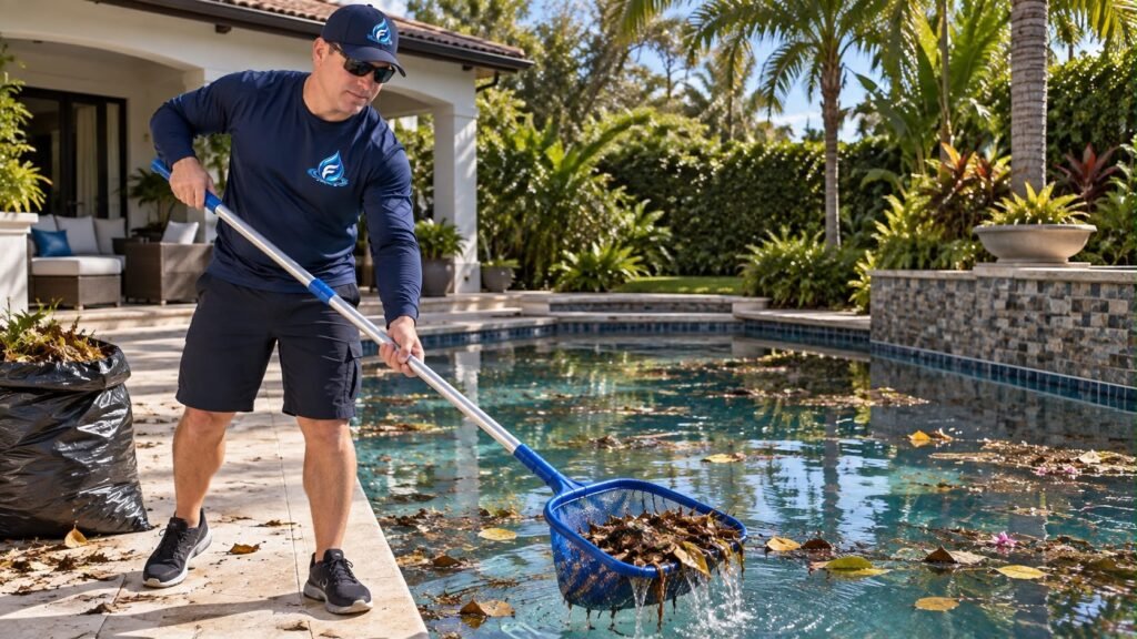 Técnico de Franko’s Pool Services retirando con red las hojas acumuladas en la piscina tras una tormenta y echándolas a una bolsa