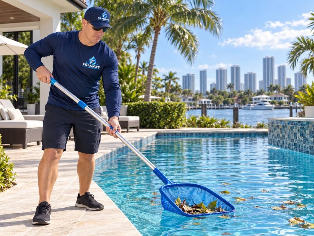 Técnico de Franko’s Pool Services retirando hojas de la superficie de una piscina con una red de mano