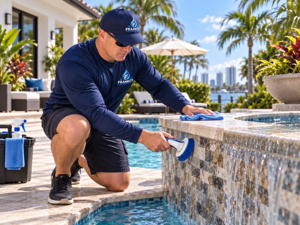 Técnico de Franko’s Pool Services cepillando la cenefa de azulejo de una piscina con un cepillo de mano y secando el borde con un paño de microfibra.