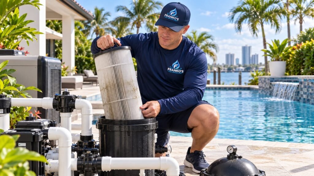 Técnico de Franko’s Pool Services extrayendo el cartucho del filtro de la piscina para limpiarlo