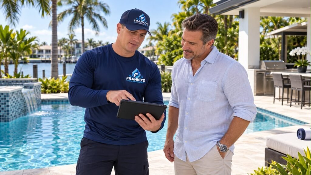 Técnico de Franko’s Pool Services revisando el plan de visitas con la clienta junto a la piscina