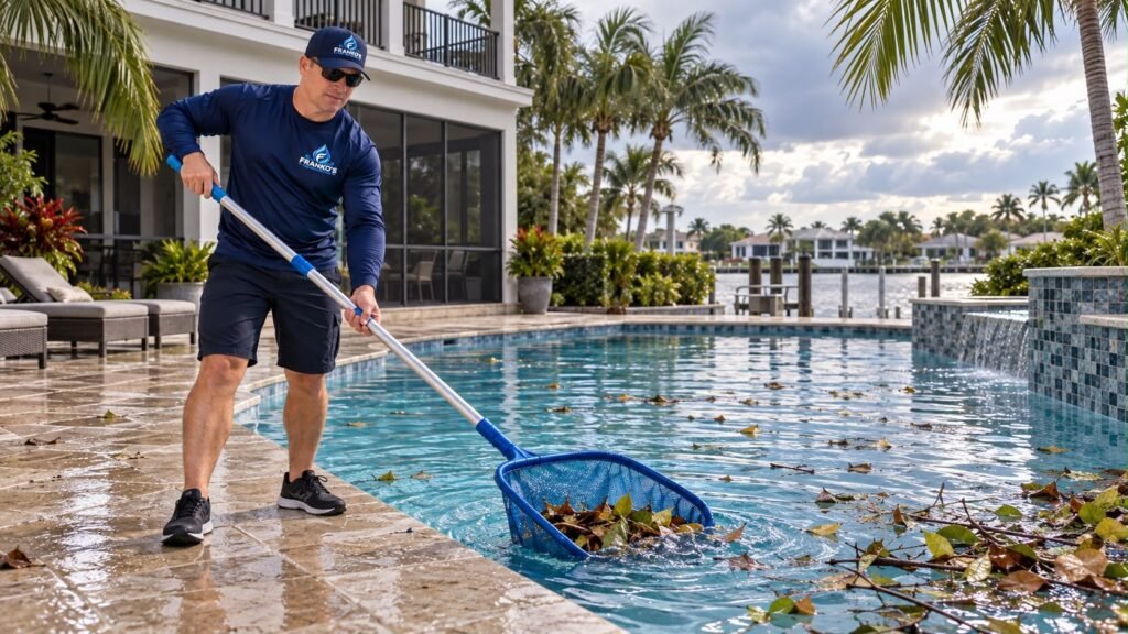 Técnico de Franko’s Pool Services retirando hojas y ramas acumuladas en la piscina de una casa sin ocupantes
