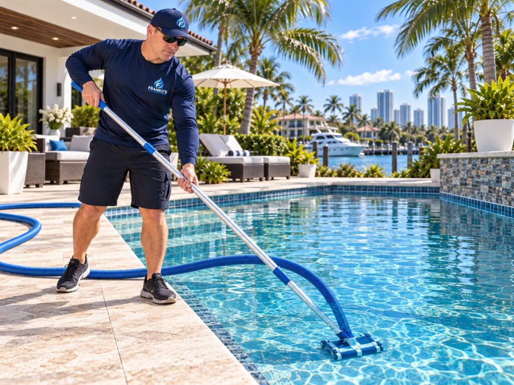 Técnico de Franko’s Pool Services aspirando el fondo de una piscina residencial con un cabezal y pértiga telescópica.