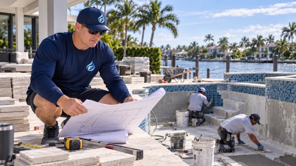 Técnico de Franko’s Pool Services revisando los planos de remodelación junto a la piscina y las losas nuevas
