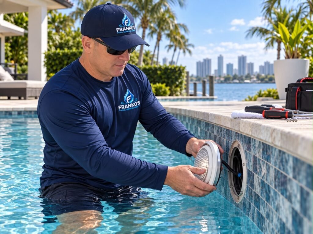 Técnico de Franko’s Pool Services dentro del agua colocando un foco LED en la pared de la piscina