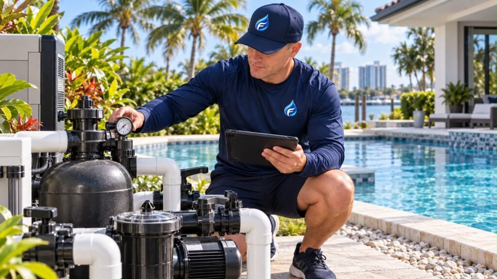 Técnico de Franko’s Pool Services comprobando el manómetro del filtro y la bomba con una tableta en la mano