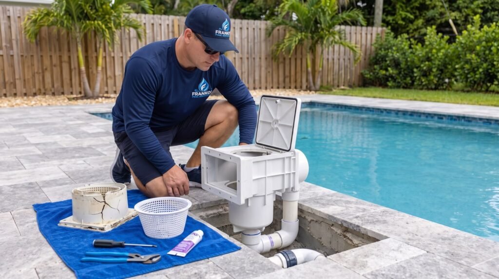Técnico de Franko’s Pool Services instalando un skimmer nuevo junto al skimmer agrietado que retiró y la canasta de repuesto