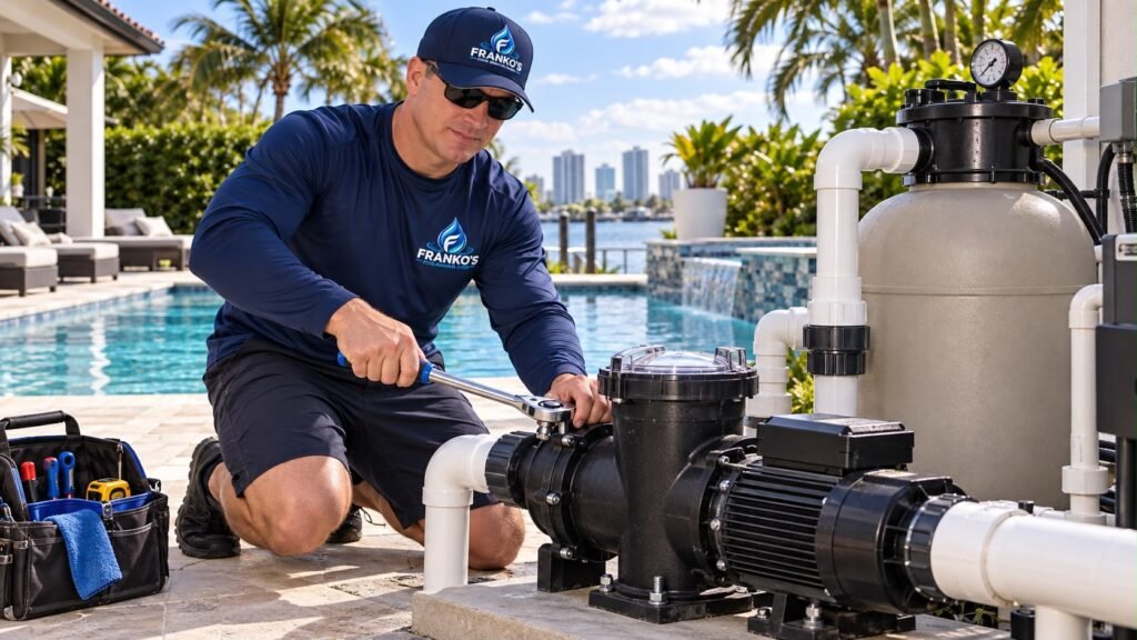 Técnico de Franko’s Pool Services apretando con llave de carraca las tuberías de la bomba y el filtro de la piscina