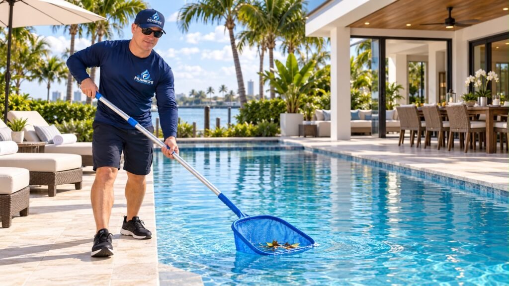 Técnico de Franko’s Pool Services limpiando con red la piscina de una propiedad de alquiler frente al agua