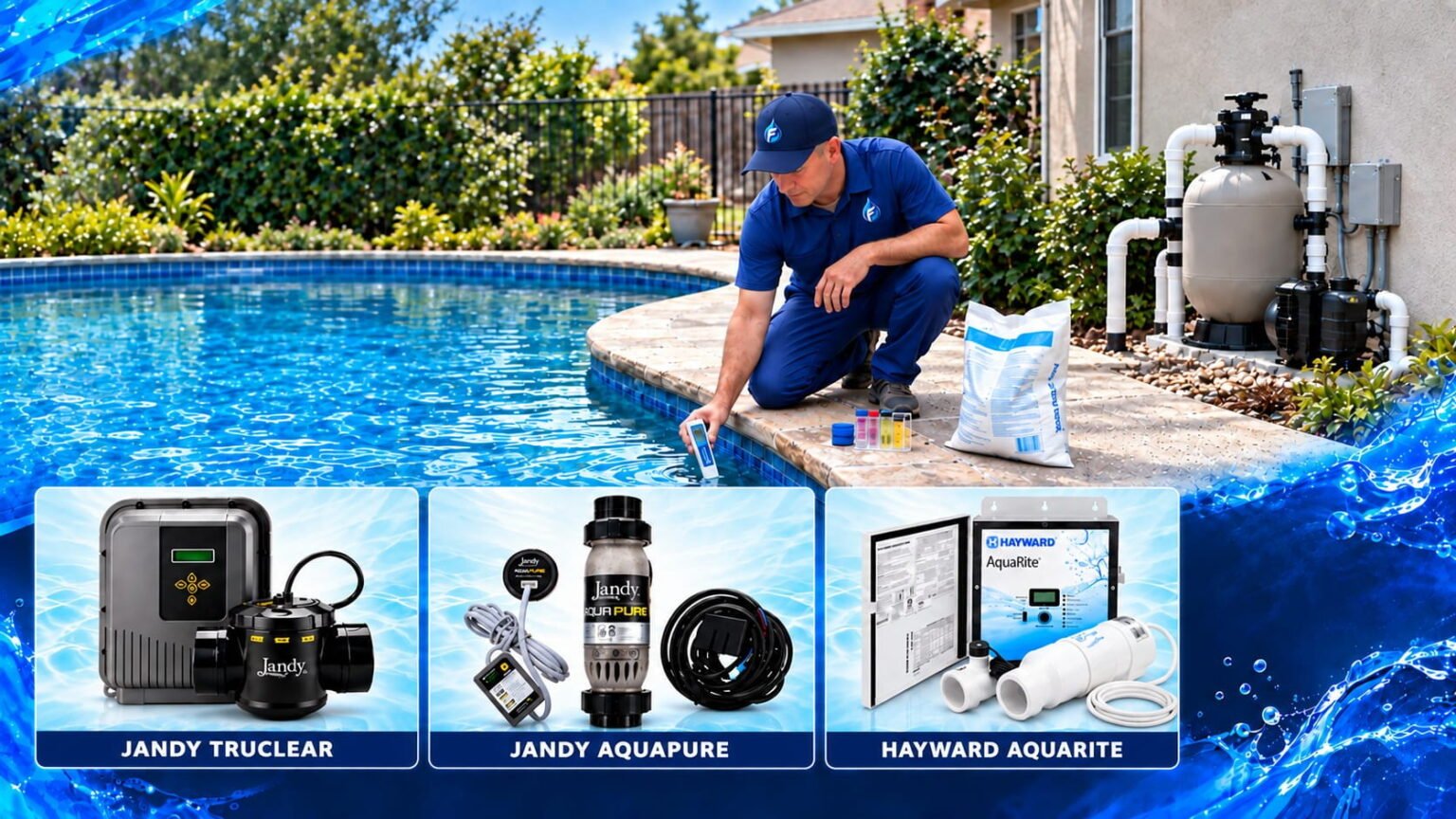 Técnico de Franko’s Pool Services midiendo el agua junto a una piscina residencial, con un saco de sal y el equipo de filtrado; abajo, generadores de cloro por sal Jandy TruClear, Jandy AquaPure y Hayward AquaRite.