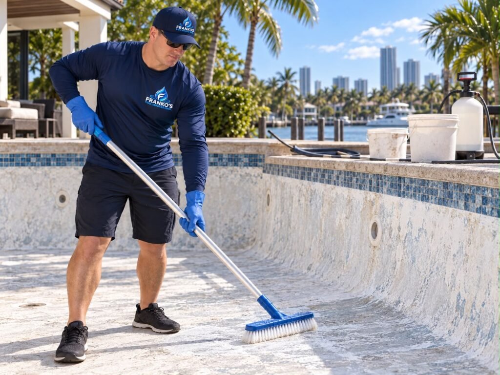 Técnico de Franko’s Pool Services con guantes cepillando la superficie de una piscina vaciada, con cubos y pulverizador de tratamiento al borde